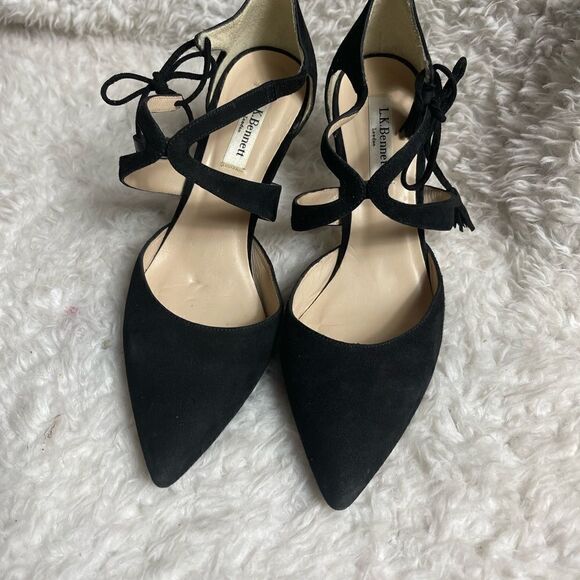 L.K.Bennett Black leather suede 3”heel pointed toe side lace tassel EUR SZ39.5 - Picture 3 of 9